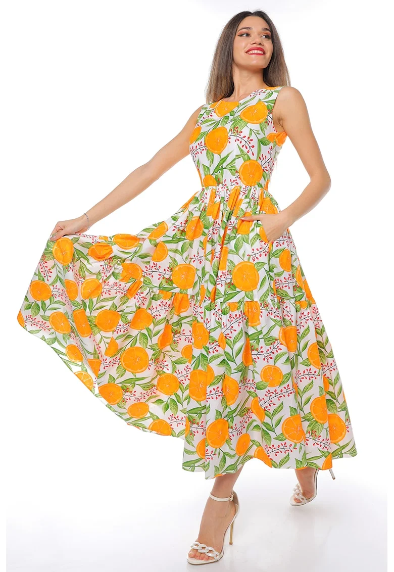Rochie evazata fara maneci cu buzunare laterale, Alb/Verde/Portocaliu