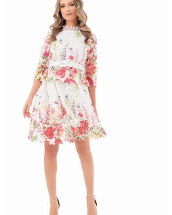 Rochie midi din dantela cu model floral, Multicolor