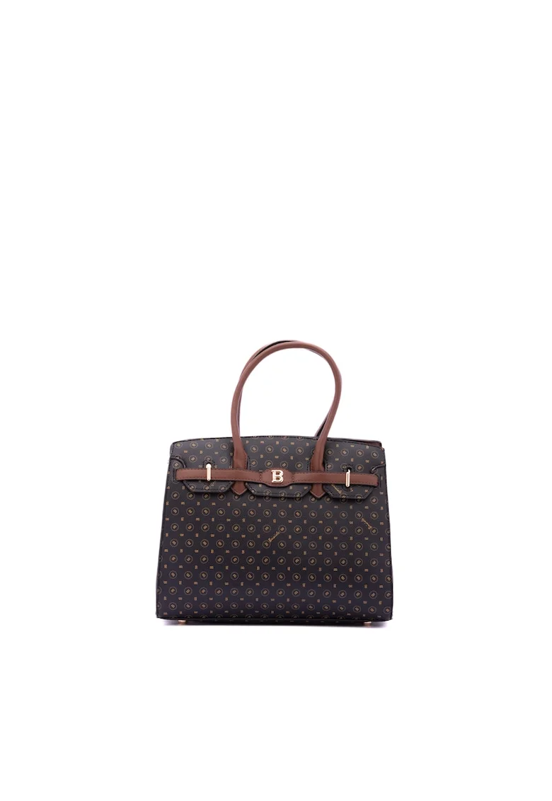 Geanta shopper din piele ecologica cu model logo, Negru/Maro