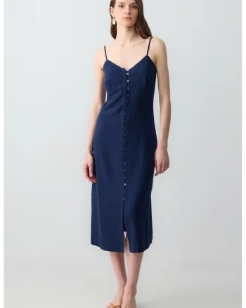 Rochie midi din amestec de in, Albastru inchis