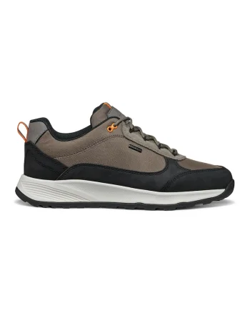 Pantofi sport de piele ecologica cu garnituri de piele intoarsa si material textil, Maro taupe/Negru stins/Portocaliu mandarina