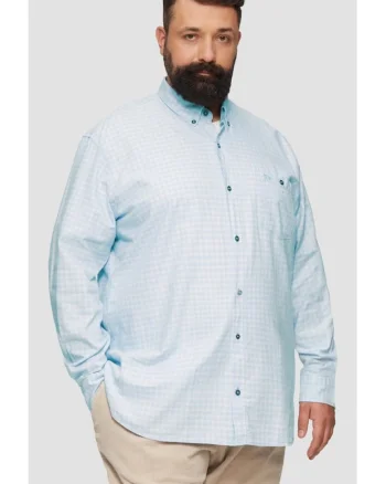 Camasa barbati big sizes, cu maneca lunga si imprimeu in carouri, Regular fit, Albastru deschis, Albastru deschis