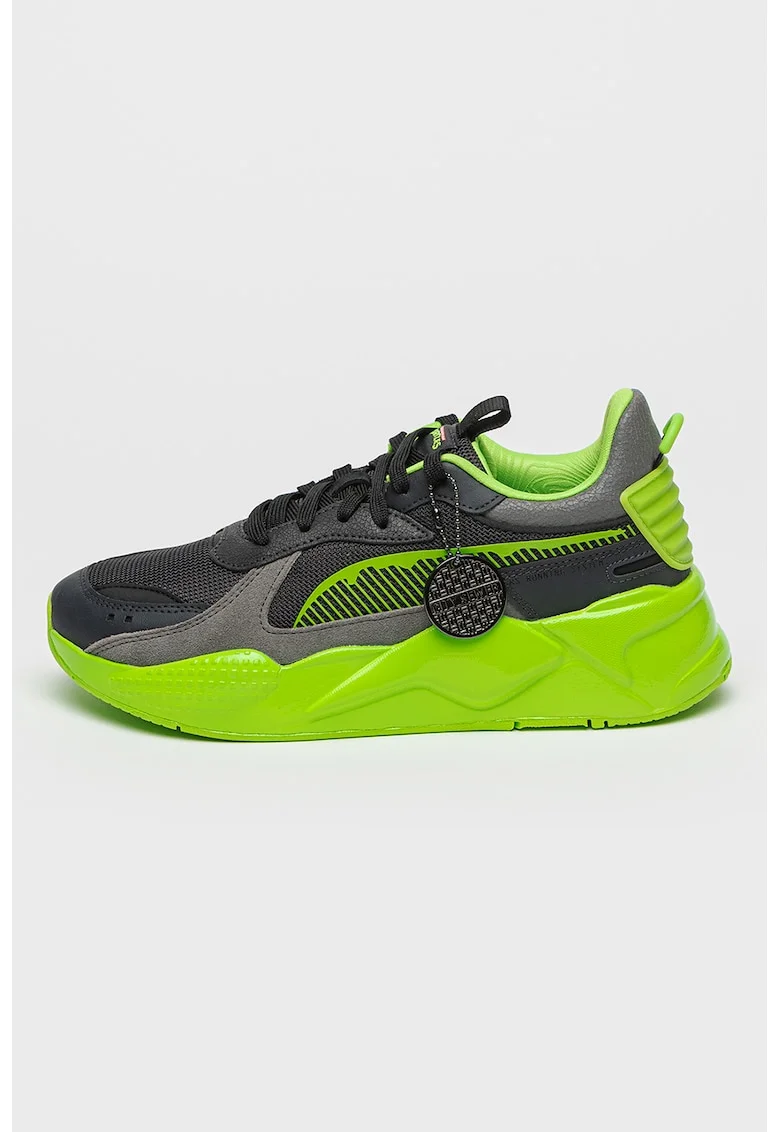 TNMT, Pantofi sport cu garnituri de piele intoarsa, Negru/Gri carbune/Verde electric