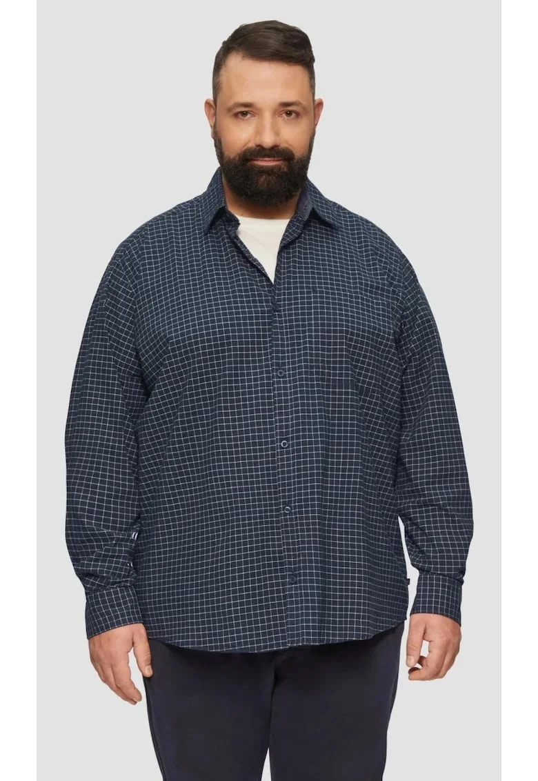 Camasa barbati big sizes din amestec de bumbac cu elastan, imprimeu in carouri, croiala Regular fit, Bleumarin