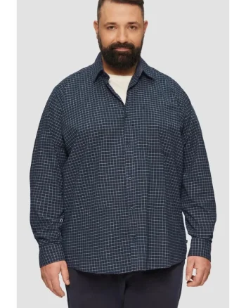 Camasa barbati big sizes din amestec de bumbac cu elastan, imprimeu in carouri, croiala Regular fit, Bleumarin