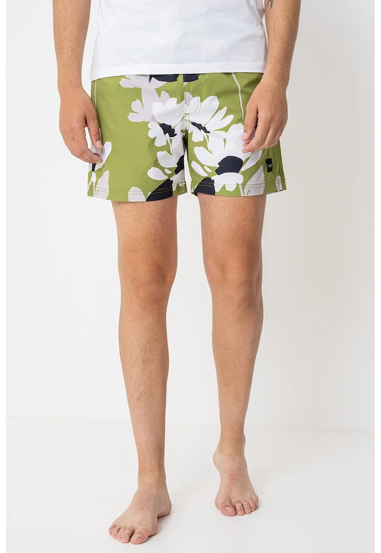Pantaloni scurti de baie cu model floral si talie ajustabila, Negru stins/Alb murdar/Verde feriga