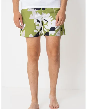 Pantaloni scurti de baie cu model floral si talie ajustabila, Negru stins/Alb murdar/Verde feriga