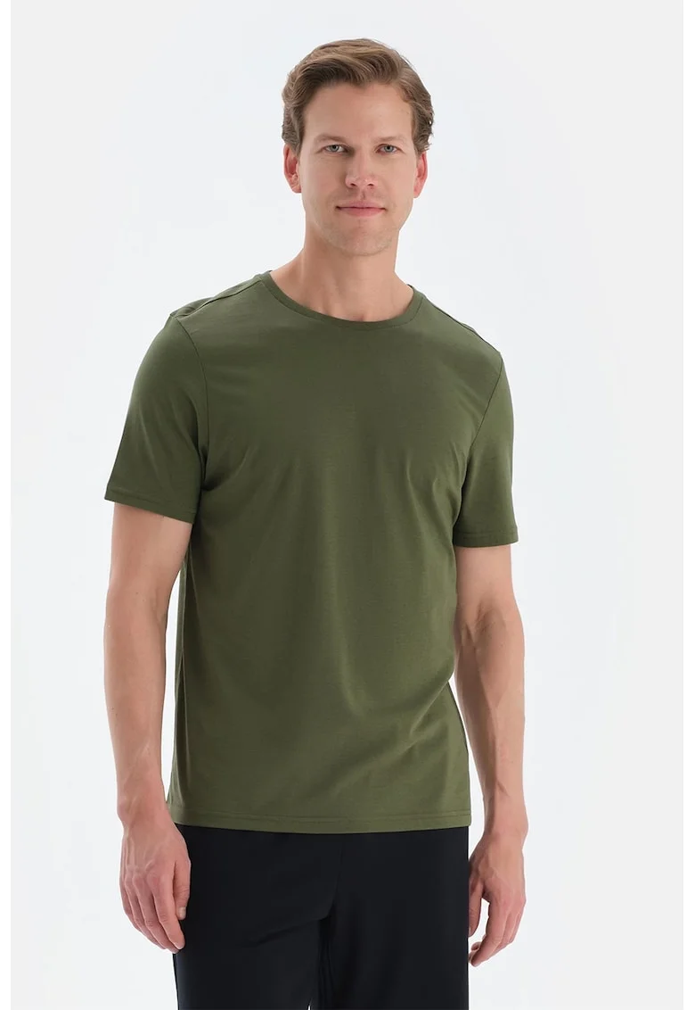 Tricou de bumbac cu decolteu la baza gatului, Kaki