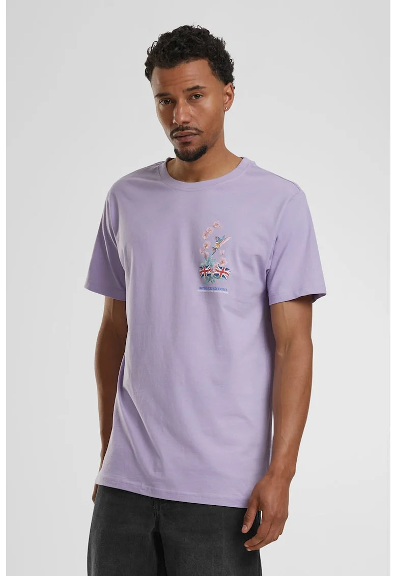 Tricou cu design grafic si decolteu la baza gatului, Rosu/Verde/Lila