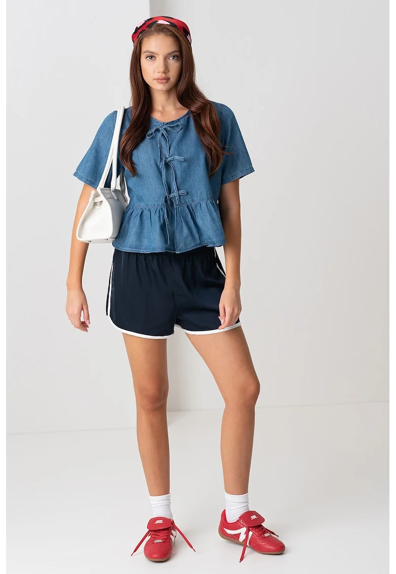 Bluza din denim cu maneci scurte si terminatie cu volan, Albastru melange