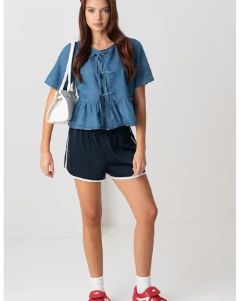 Bluza din denim cu maneci scurte si terminatie cu volan, Albastru melange
