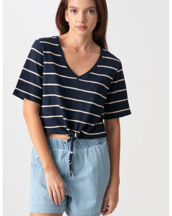 Bluza cu decolteu in V si model in dungi, Crem/Bleumarin