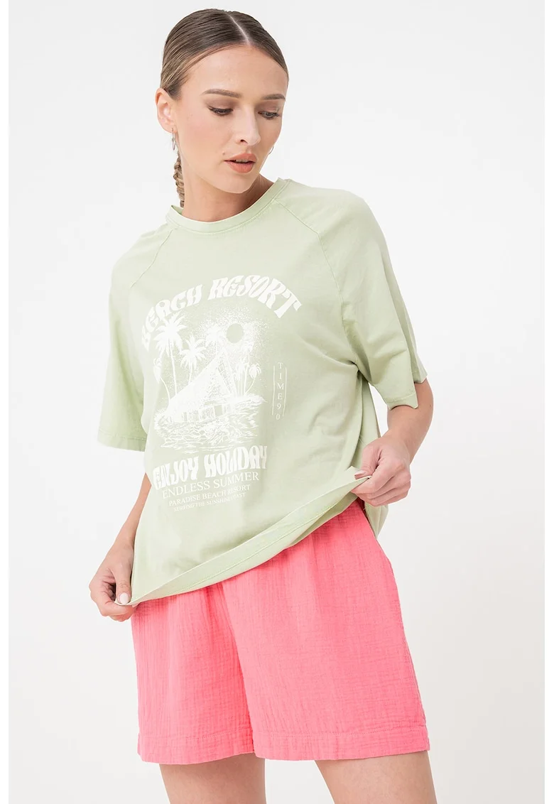 Tricou supradimensionat cu imprimeu si maneci raglan, Verde pal
