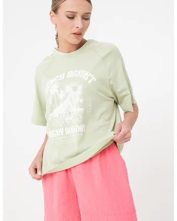 Tricou supradimensionat cu imprimeu si maneci raglan, Verde pal