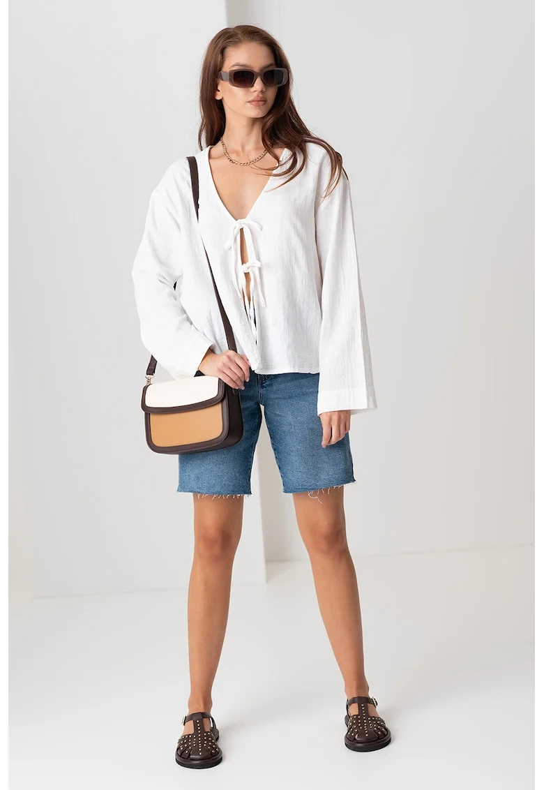 Bluza din bumbac organic cu decolteu in V si detaliu cu funda, Alb