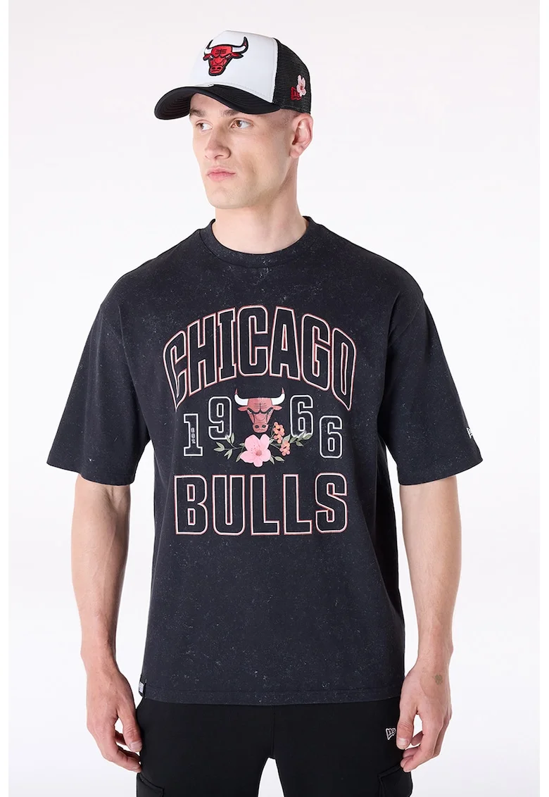 Tricou cu decolteu la baza gatului si imprimeu Chicago Bulls, Negru/Roz prafuit