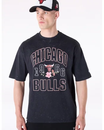 Tricou cu decolteu la baza gatului si imprimeu Chicago Bulls, Negru/Roz prafuit