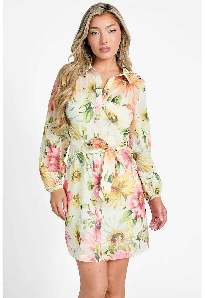 Rochie cu model floral si cordon in talie, Alb/Verde/Roz