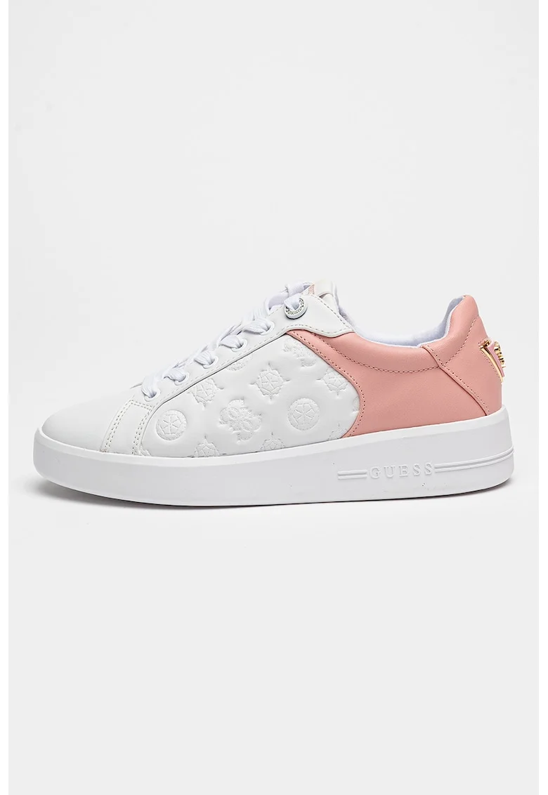 Pantofi sport din piele ecologica cu logo stantat, Alb/Roz prafuit