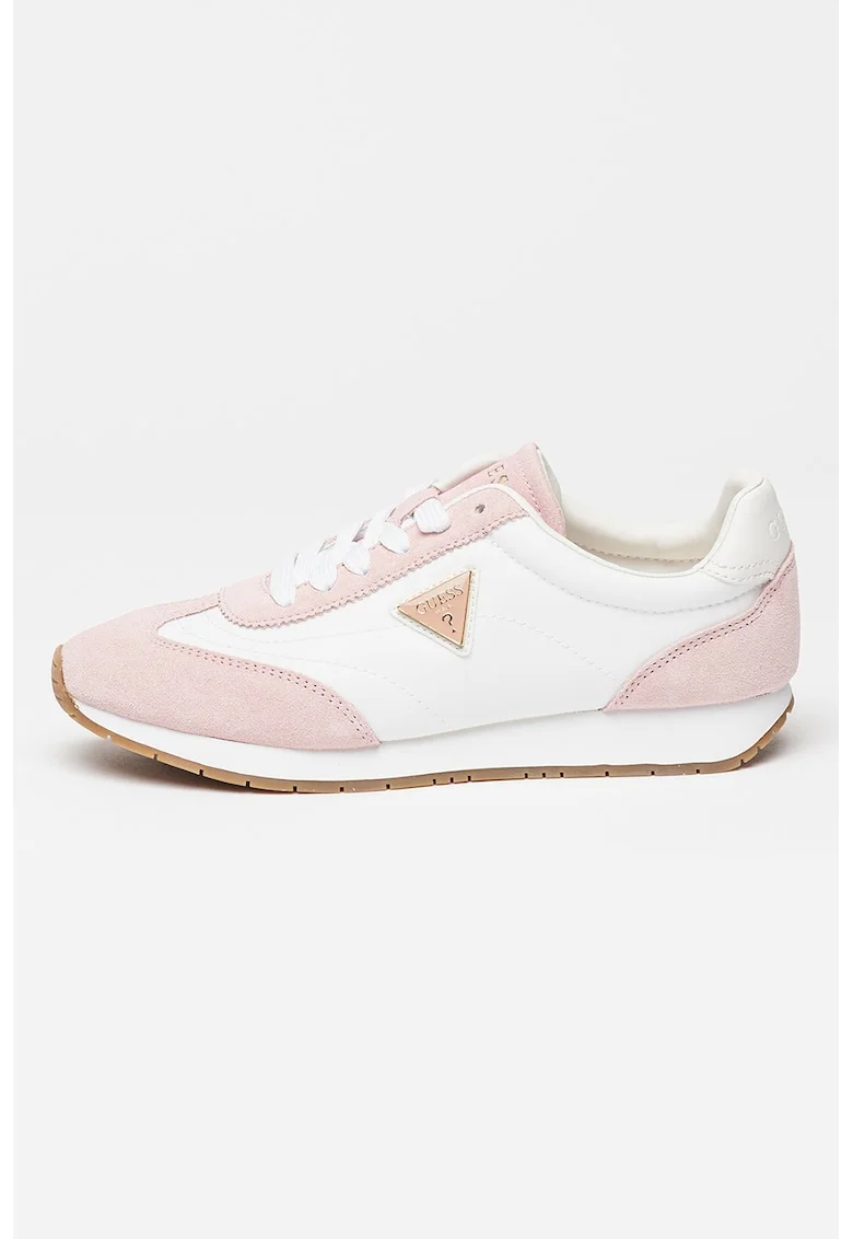 Pantofi sport cu insertii din piele intoarsa, Alb/Roz prafuit