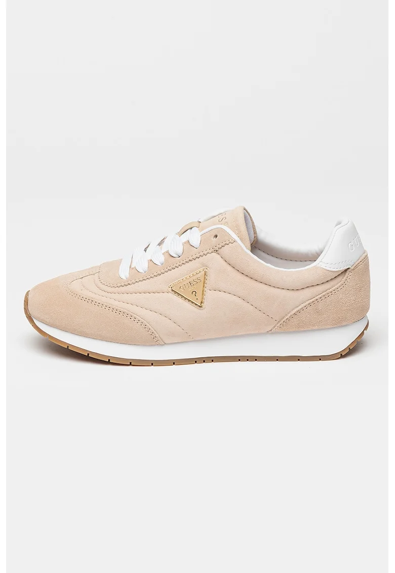 Pantofi sport din piele intoarsa cu insigna logo, Maro nisip