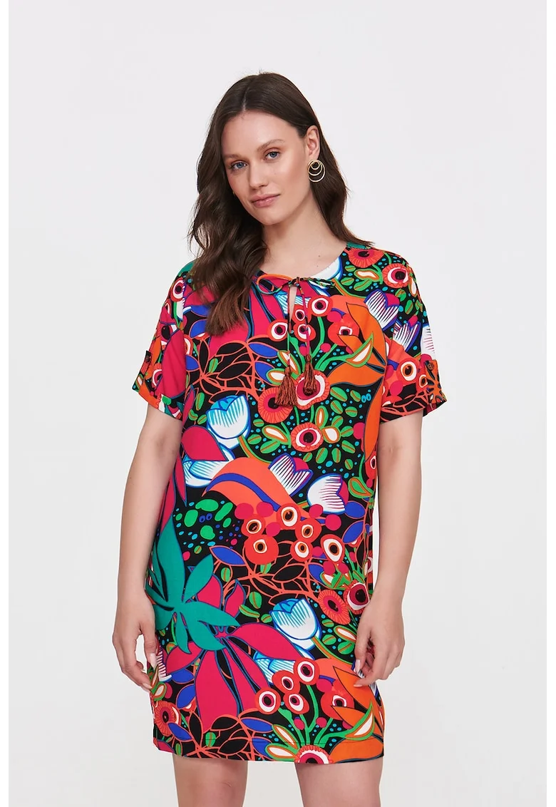 Rochie cu decolteu la baza gatului si imprimeu floral, Fucsia/Portocaliu deschis/Verde deschis