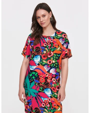 Rochie cu decolteu la baza gatului si imprimeu floral, Fucsia/Portocaliu deschis/Verde deschis