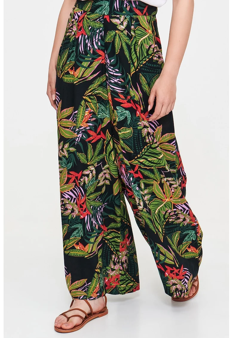 Pantaloni ampli cu design tropical, Negru/Verde deschis