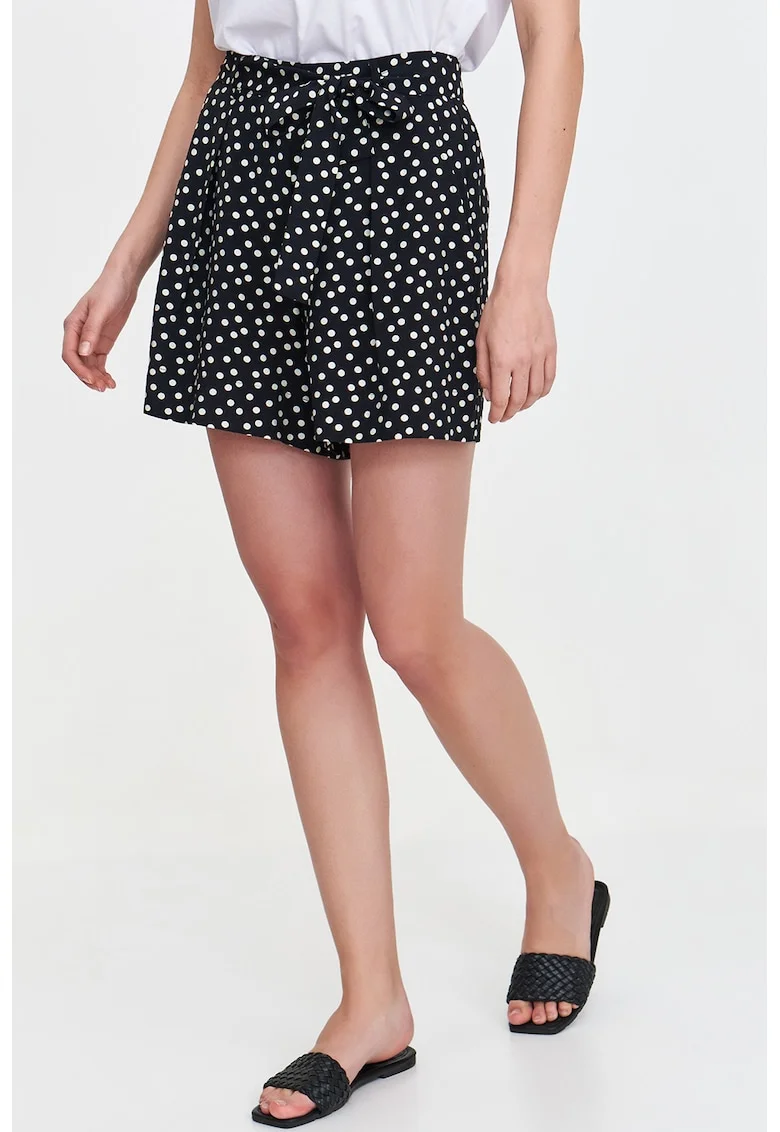 Pantaloni scurti cu talie inalta si buline, Alb/Negru