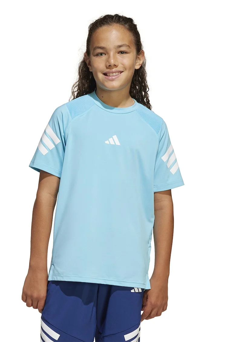 Tricou cu decolteu la baza gatului si logo, Alb/Albastru deschis