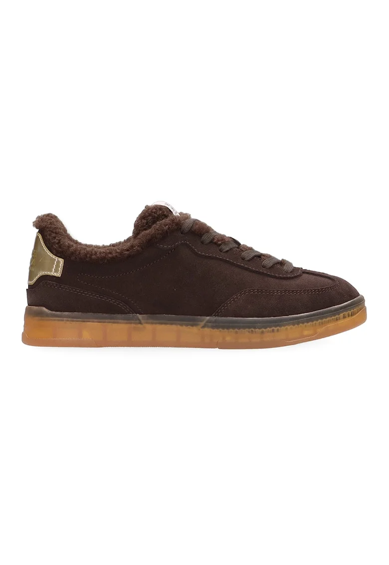 Pantofi sport low-cut de piele si lana, Auriu/Maro inchis
