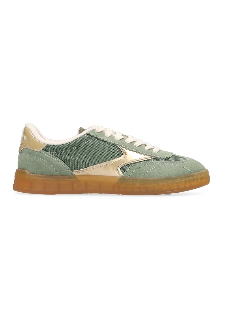 Pantofi sport cu talpa plata si garnituri de piele intoarsa, Auriu/Verde feriga