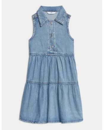 Rochie evazata de bumbac si lyocell cu guler ascutit, Albastru inchis
