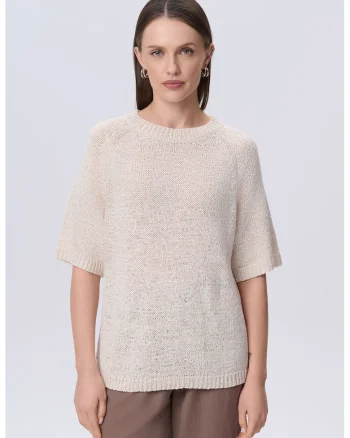 Tricou tricotat cu decolteu rotund, Crem