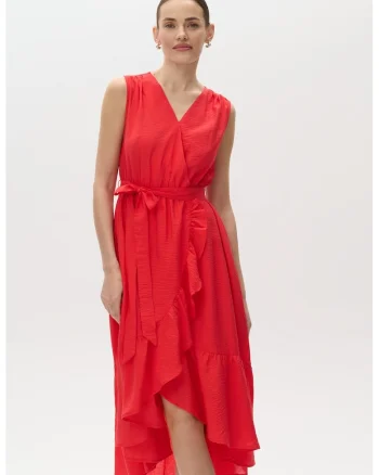 Rochie asimetrica cu volane si decolteu in V, Portocaliu mandarina