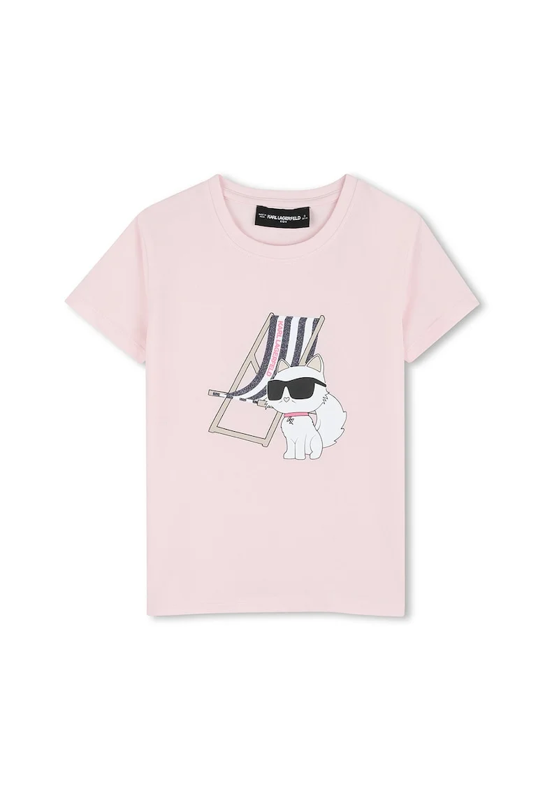 Tricou din amestec de bumbac cu decolteu la baza gatului si imprimeu logo, Roz pastel/Negru stins/Alb optic