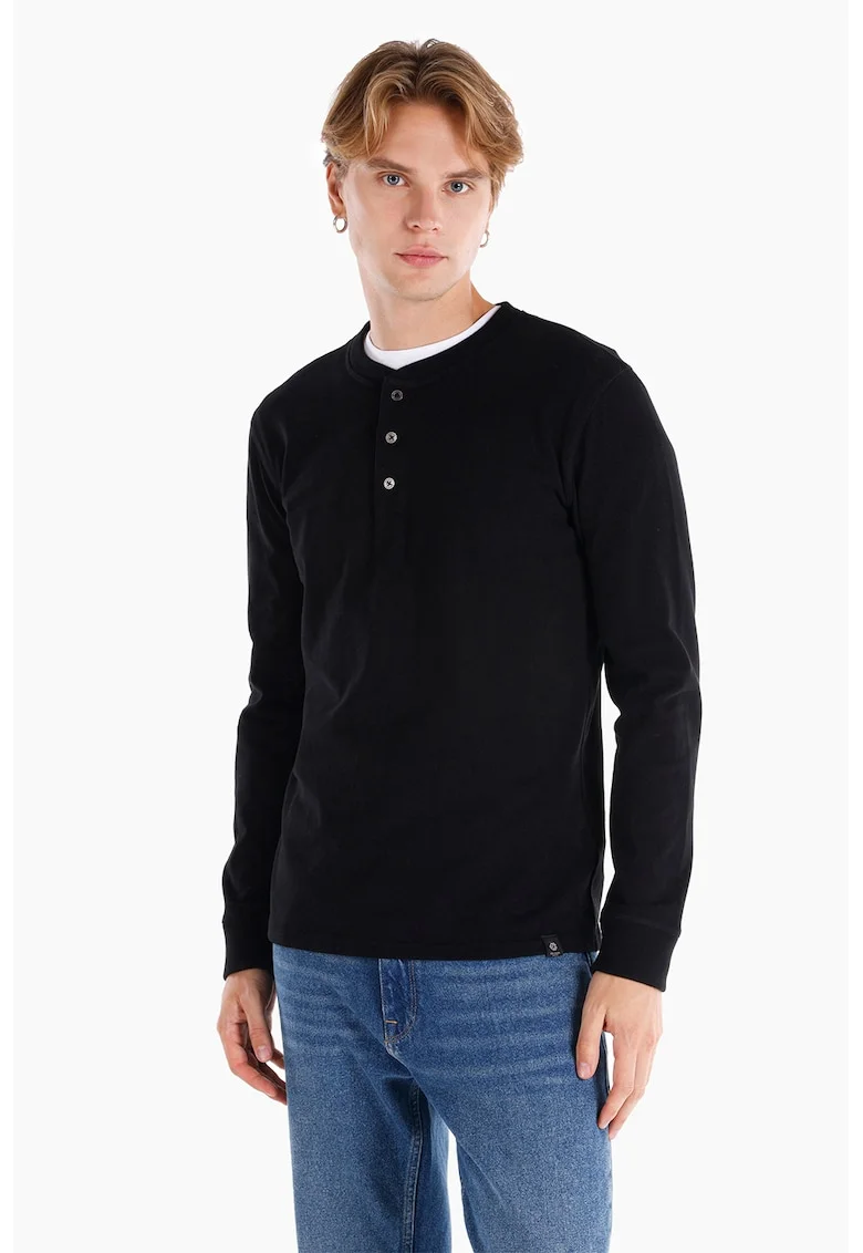 Bluza cu decolteu henley si fenta cu nasturi, Negru
