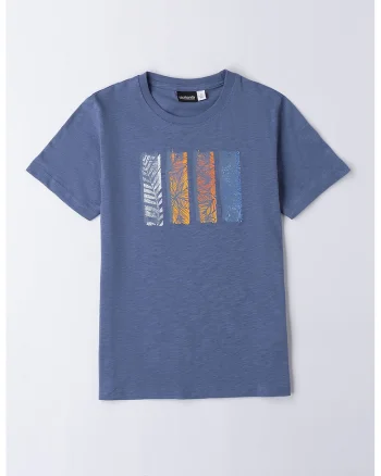 Tricou cu imprimeu grafic si decolteu la baza gatului, Albastru inchis/Portocaliu pal/Alb murdar