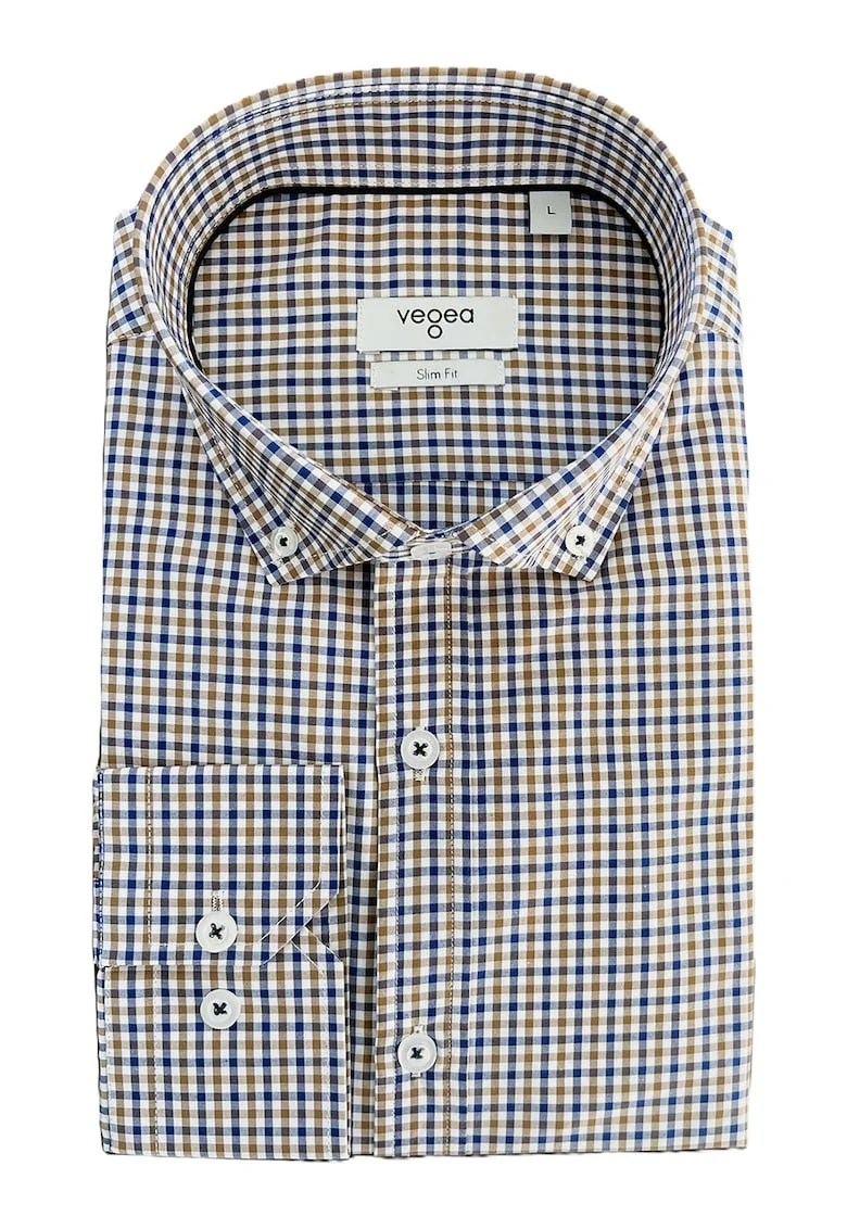 Camasa oxford din bumbac cu model in carouri, Alb/Maro/Albastru