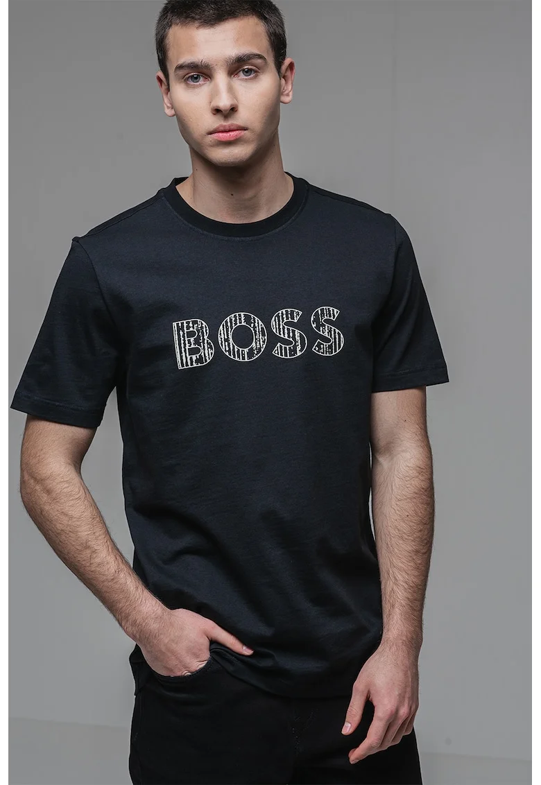 Tricou cu imprimeu logo si decolteu la baza gatului, Negru/Crem