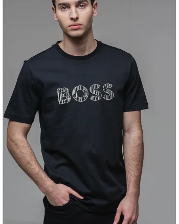 Tricou cu imprimeu logo si decolteu la baza gatului, Negru/Crem
