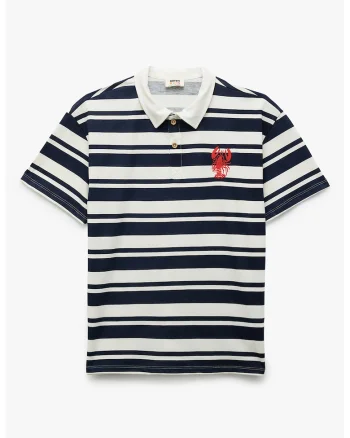 Tricou polo cu dungi si broderie, Alb/Negru