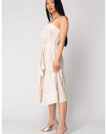 Rochie Lunga cu bretele si broderie Beige 16510, Bej