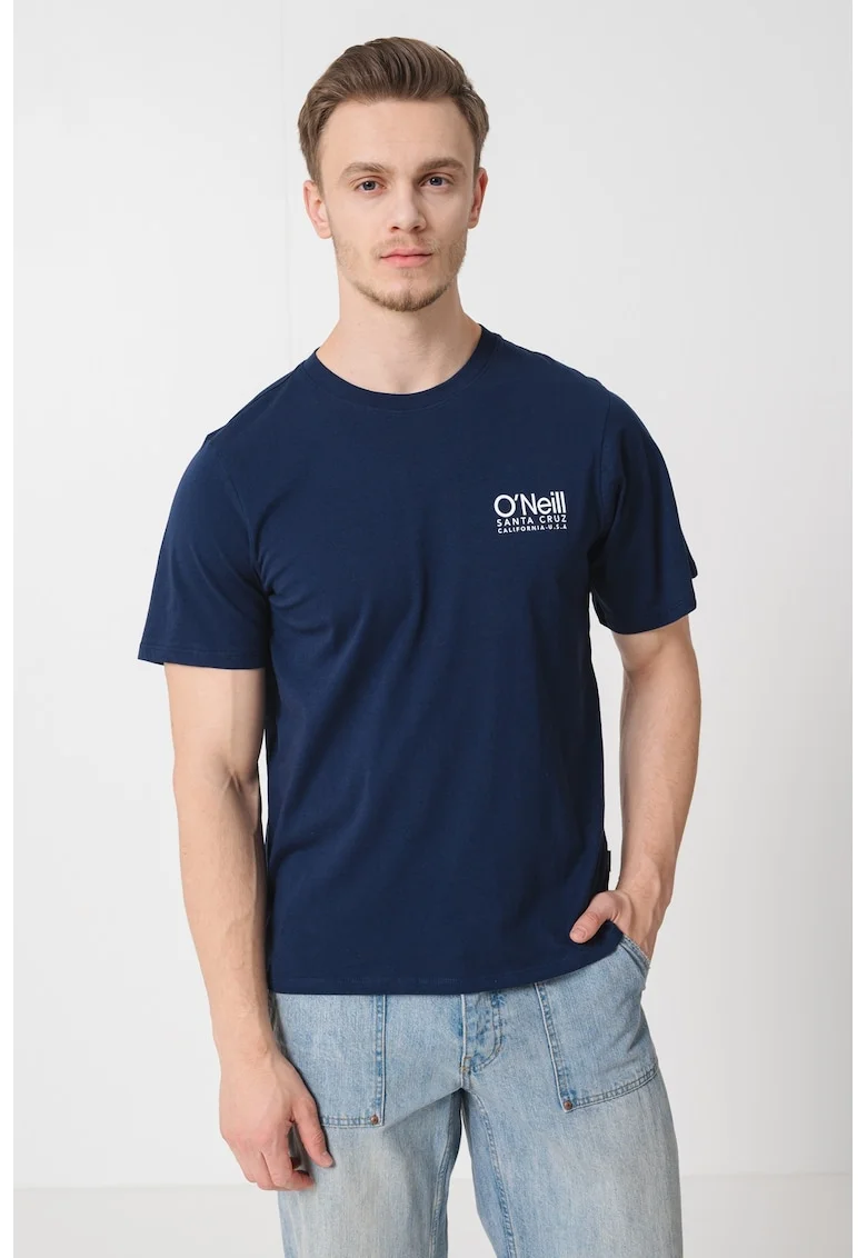 Tricou cu decolteu la baza gatului si logo pe piept, Alb optic/Bleumarin