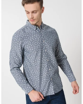 Camasa cu maneci lungi si model, Albastru melange