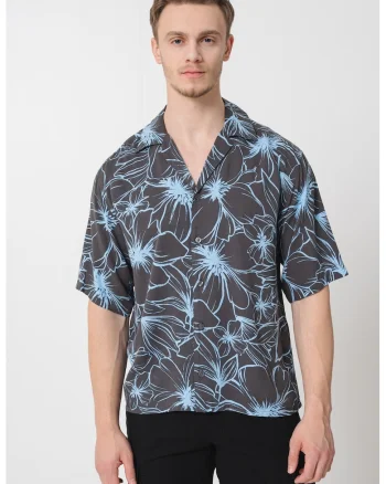 Camasa cu maneci scurte si model floral, Albastru pastel/Gri inchis
