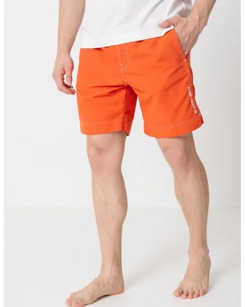 Pantaloni scurti de baie cu buzunare si model uni, Coral/Alb murdar