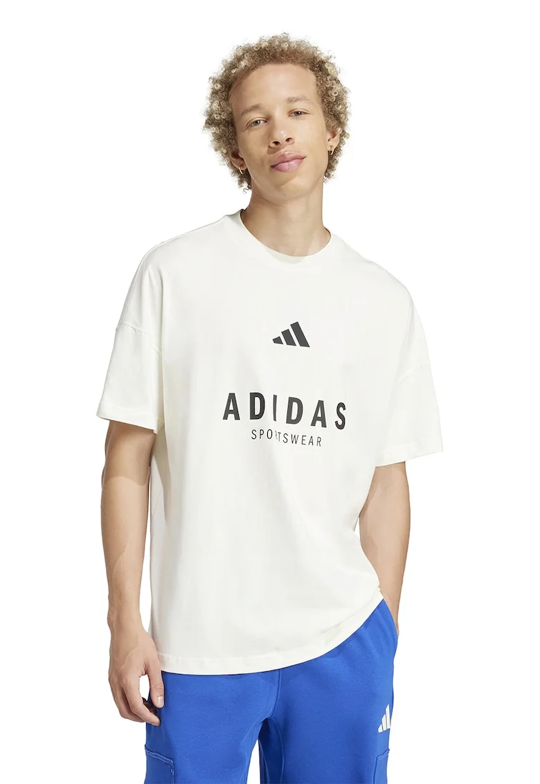 Tricou cu decolteu la baza gatului si imprimeu logo, Alb optic
