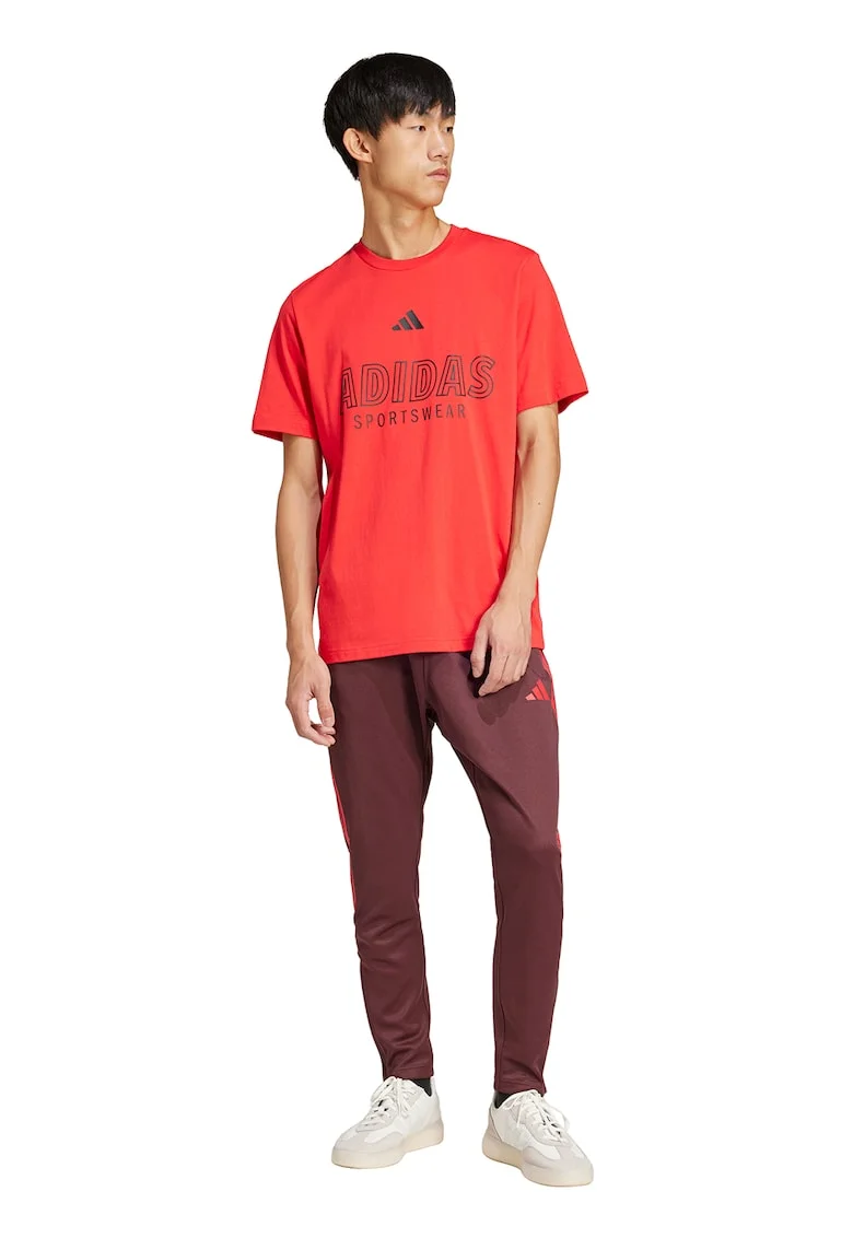 Tricou cu imprimeu logo si decolteu la baza gatului, Coral/Negru stins