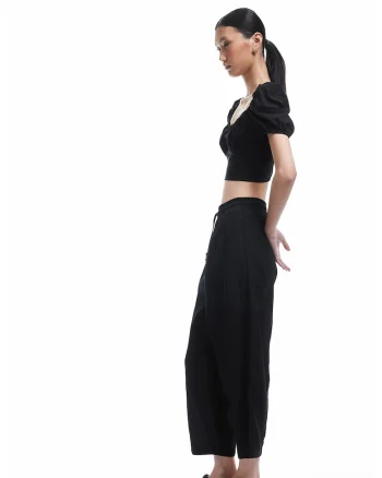 Pantaloni crop cu snur de ajustare, Negru